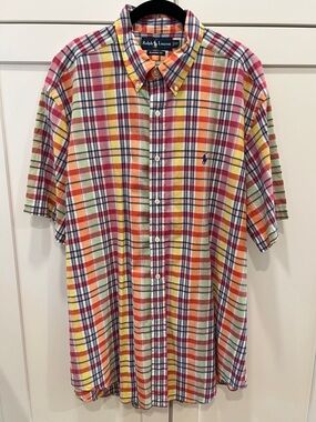 MEN’S POLO RALPH LAUREN MADRAS PLAID SHORT SLEEVE BUTTON FRONT SHIRT, SIZE XL.